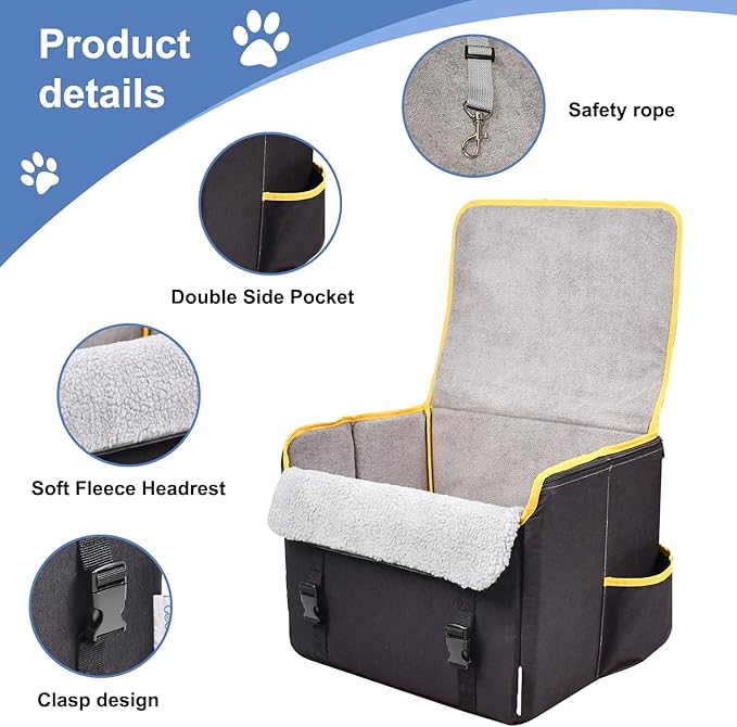 JESPET & GOOPAWS Dog Car Seat, Portable Dog Car Travel Bed with Clip-On Safety Leash, Briefcase Shape Waterproof Dog Booster Car Seat, Suitable for Pets Up to 25lbs