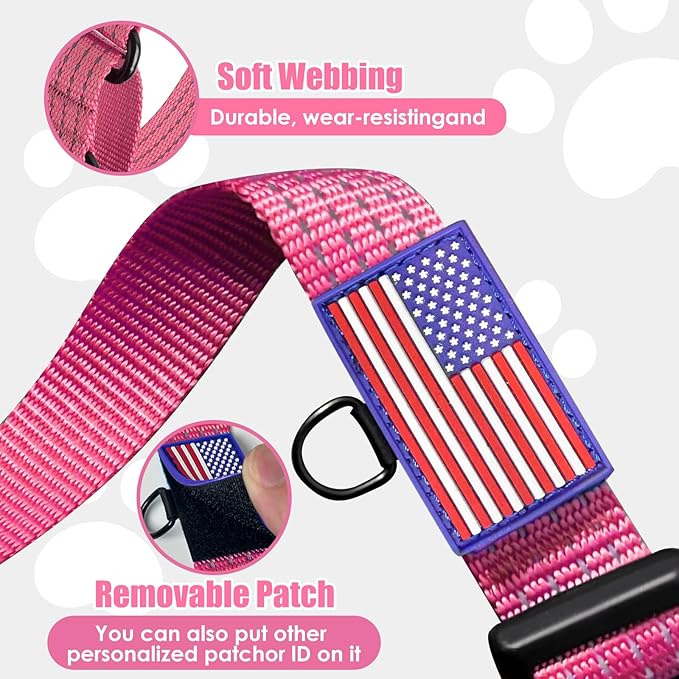 Martingale Dog Collar, Reflective No Pull Training Collar with Quick Release Buckle & USA Flag, Heavy-Duty Nylon, Adjustable for Small Medium Large Dogs (M,Pink with Flag