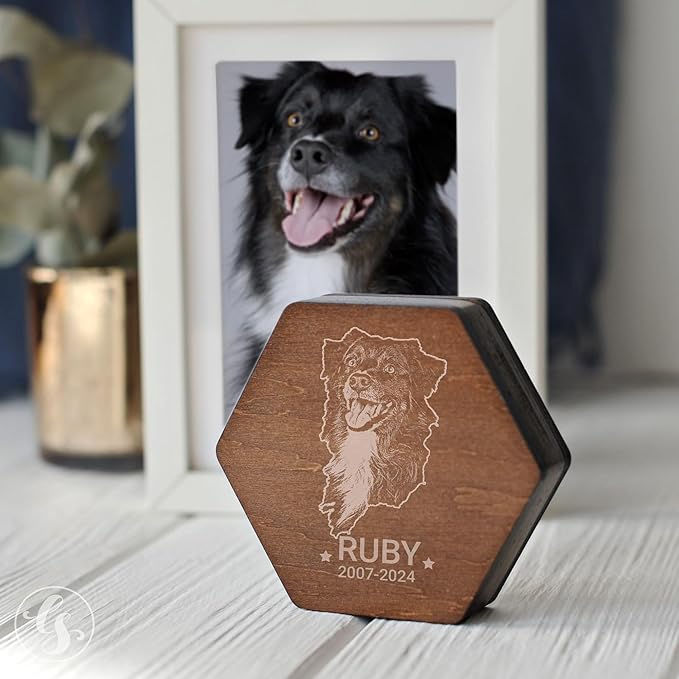 Personalized Pet Hair Keepsake Box for Dog and Cat Fur - Engraved Wood Memorial Box - Unique Customized Gift for Loss of Furry Friend Wooden (Dark Diamand Wood Lid, With Photo)