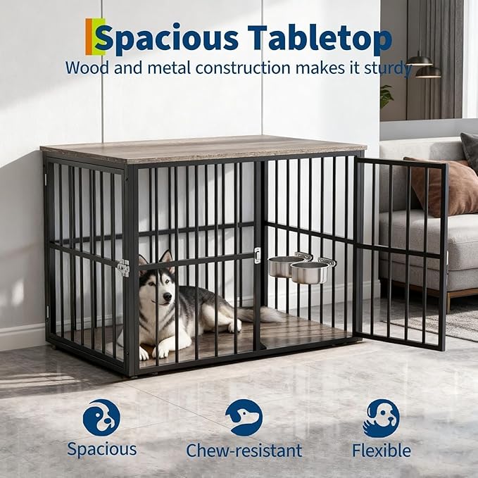 43" Dog Crate Furniture, Wooden Dog Crates with Double Doors and Lockable Kennel, Heavy Duty Indoor Pet House Side End Table for Medium and Large Dogs