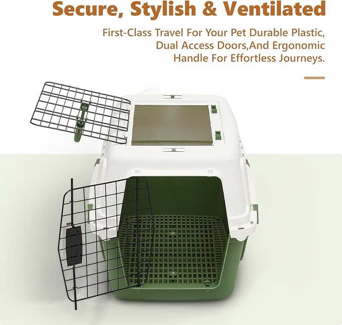 Athena Collection 22" Hard-Sided Travel Pet Carrier for Small Dogs and Cats, Plastic Dog Crate with 2-Door Top & Front Load, Ventilation, Security Lock, Cat Dog Carrier for Pet, up to 22lbs, Green
