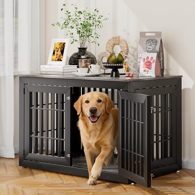 48" Heavy Duty Dog Crate Furniture for Small,Medium and Large Dogs,Rustic Wooden Dog Cage Kennel Indoor Furniture with Waterproof Top,Decorative Pet House Side End Table (Black & Grey)