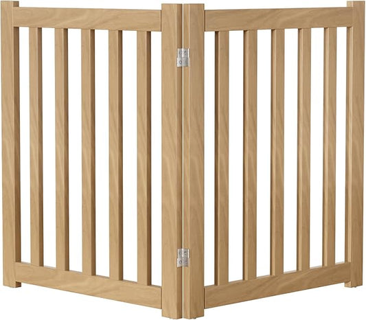 2-Panel Solid Wood Dog Gate - Freestanding Folding Pet Gate for Doorways, Stairs, Indoor, 24" Height, No Installation Needed, Natural Wood