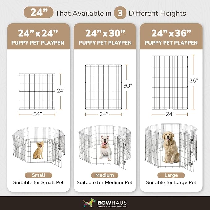 Foldable Outdoor/Indoor Pet Playpen with Gate, Available in 24 Inch Height Metal Portable Kennel, Heavy-Duty Exercise Fence Cage 8 Panels for Small Dog, Animals