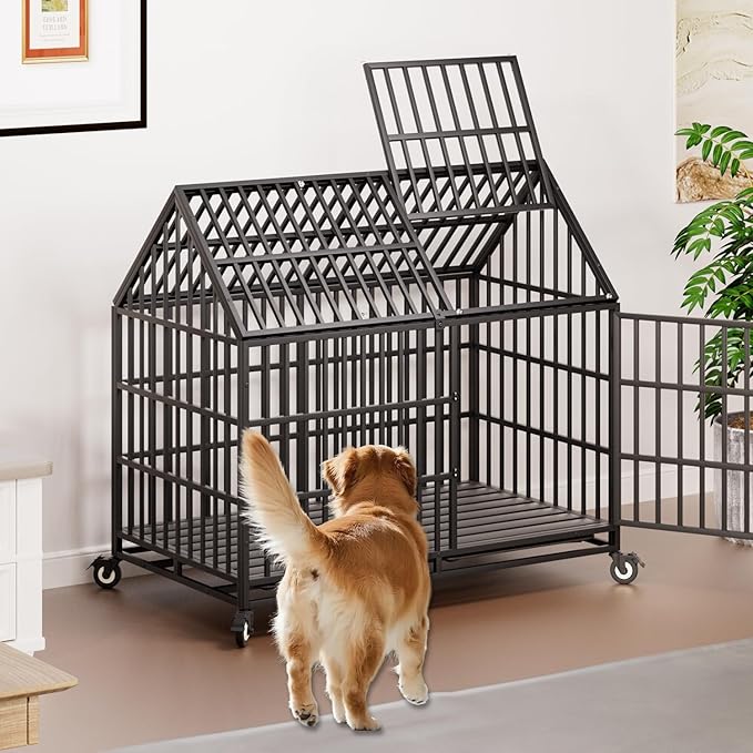 50 inch Indestructible Heavy Duty Dog Crate with 2 Bowls, Escape-Proof Indoor Impact Dog Cage for Large Giant Dogs, High Anxiety Pet Kennel with 2 Trays, 4 Wheels, 4 Locks and Double Door, XL XXL