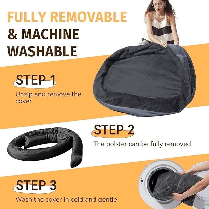 Orthopedic Washable Large Dog Bed: Waterptoof Dog Bed with Bolsters - Removable Cover Orthopedic for Large Sized Pet- Non-Slip, Dark Grey, 48" L x 35" W x 7.5" Th