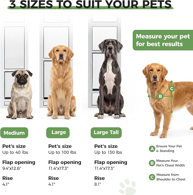 Slevoo Sliding Glass Dog Door, No-Cut Installation, Height Adjustable 79 1/5" to 82", Upgraded Silicone Flap, Weatherproof & Secure Pet Door for Medium/Large Dogs, White Aluminum Frame (Large)