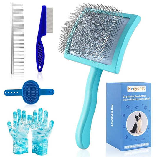 Slicker Brush for Dogs, Slicker Brush for Doodles Long Haired Dog, Goldendoodle Long Pin Detangler for Dematting, Dog Slicker Brushes for Grooming (Large Curved)(Blue)