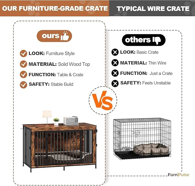 XL Dog Crate Furniture 48'' | Extra Large Heavy Duty Anti-Chew Dog Kennel | Rustic Wooden Entertainment Center & TV Stand with 350LB Top Capacity | Escape Proof Double Door Pet House