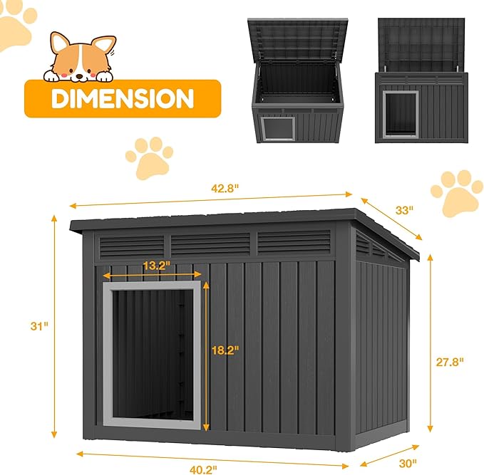 Fancyango Large Weatherproof Dog House with Removable Roof for Indoor & Outdoor Use - Spacious (42.8" L x 33" W x 31.5" H) Classic Black