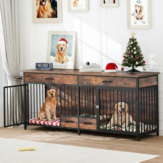 YITAHOME 91.3" Double Dog Crate Furniture with Dog Feeder, Heavy Duty Indoor Dog Kennel TV Stand with Drawers, Sturdy Dog Kennel with Divider for 2 Medium Large Dogs, Brown