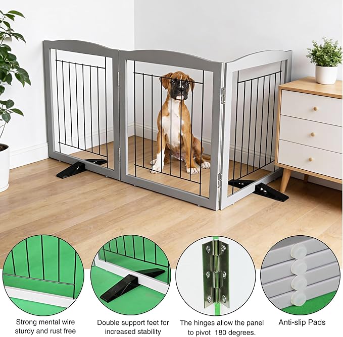 Dog Fence Indoor,Dog Gate Indoor for Doorway pet gate -3-Panel Freestanding, Hallways, House or Stairs -60x24-Inch Retractable Foldable Expandable Wood Pet by SFJC (Grey) ﻿