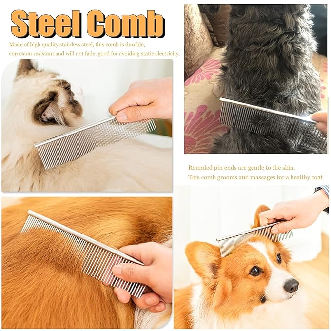 3-Pack Long-Tooth Pet Brush Set - Dog Rake Brush & Steel Shedding Comb & Double-Sided Teech Comb for Double Coat Large Dogs, Horses