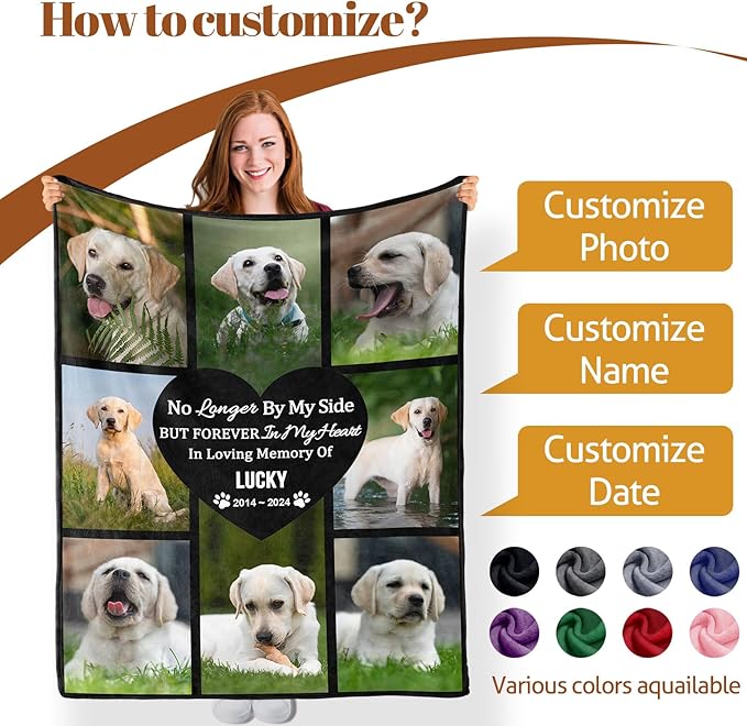 Bemaystar Pet Memorial Gifts for Dogs - Ships Next Day Custom Dog Blanket with Photo & Name Dog Memorial Gifts for Loss of Sympathy Gift Dog Cat Passing Away Remembrance Souvenir(8 Photos)