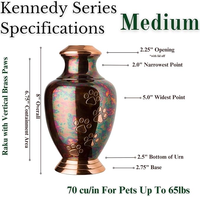 Kennedy Paws Series Pet Urn for Dogs, Handmade Brass Memorial Cremation Urn (Medium - Pets up to 65 lbs, Raku)