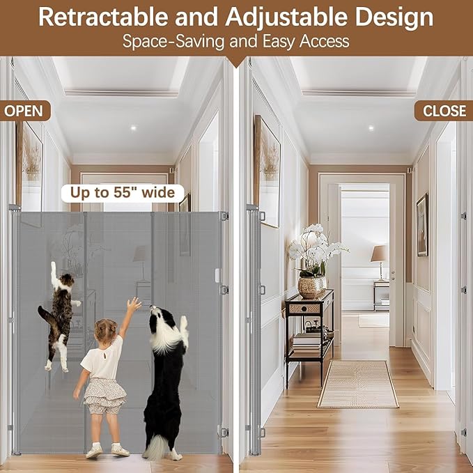 Reinforced 60" Extra Tall Dog Gates Indoor Climb Proof Cat Gate for Hallway - No Jumping Over/Crawling Under, 55" Wide Mesh Baby Gate Retractable Pet Gate, 5 Foot Extra Tall Cat Gate for Doorway, Gray