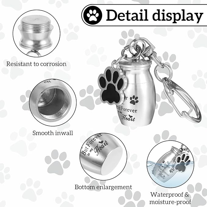 2 Pcs Pet Urns Keychain for Dogs Cats Small Urns for Ashes Keepsake Jewelry Paw Print Memorial Urn Dog Paw Charm Ashes Holder with 2 Storage Bags for Cats Cylinder Cremation Pet Cinder Black Silver