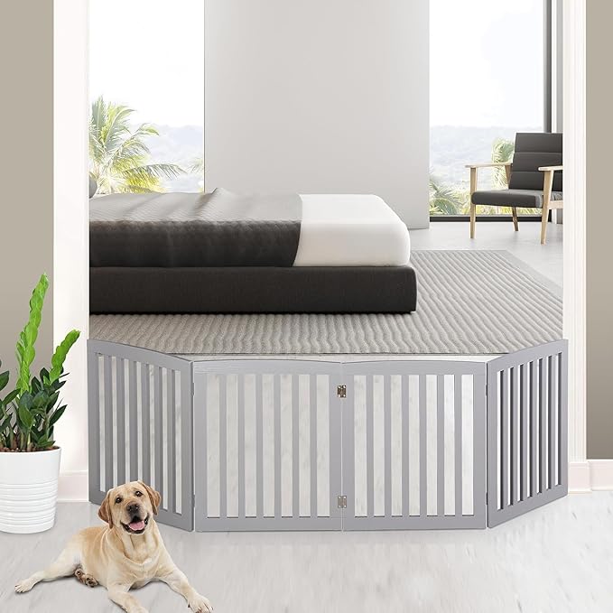 Freestanding Pet Dog Gate, 3-Panel/ 4-Panel Wooden Folding Fence for Hallway,Doorway,Hall,Stair,24 Inch Height Indoor Foldable Dog Fence (Gray, 4 Panel 24“)