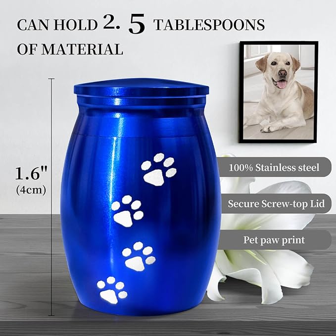 Small Pet Urns for Dogs Ashes, Mini Cat Urn for Ashes Keepsake, Tiny Cremation Animal Memorial Necklace ERN Earns Urnas Loss of Dog Cat Gifts, Pet Paw Print Urn - Heart Box with Blue Light