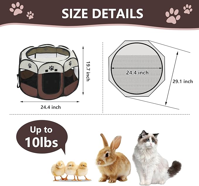 Cat Dog Playpen, Puppy Pet Playpen Indoor for Small Dog Crate Tent Cage Outdoor, Portable Pop Up Dogs Enclosure Kennel with Carrying Case for Dogs/Cats/Rabbits Brown.