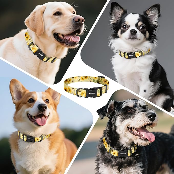 Kazazoo Dog Collar Cute and Soft Nylon Puppy Collar for Boy and Girl, Adjustable Dog Collars for Small Medium Dogs, Bees and Sunflowers-XS