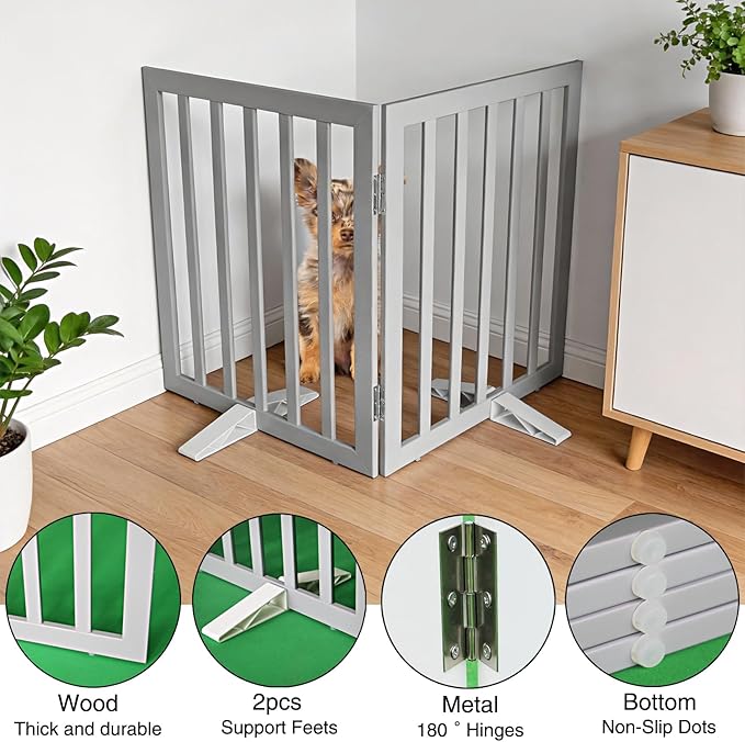 Dog Gate Indoor, Freestanding Dog Fence for The House, Doorways, Hallways,or Stairs,Pet Gate Foldable Wooden,Expandable 24" Height 2 Panels,Grey