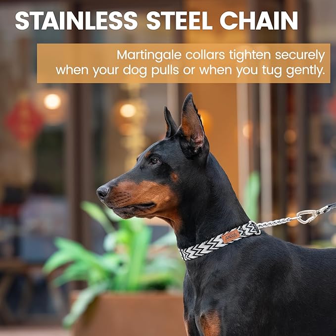 ANDA Martingale Collar for Dogs, Adjustable with Reflective Stainless Steel Chain, No-Pull Escape-Proof Training Collar for Medium and Large Breeds (Chevron Black Chain Style, Large)