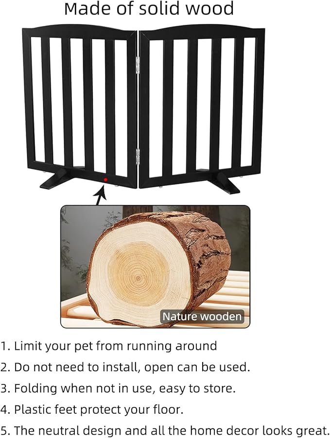 Freestanding Dog Gate Indoor,Doggie Gate Foldable Pet Gates for Doorways,Stairs or Hallways, Wooden Black Pet Gate for the House, Pet Fence with Support Feet Included,24 "Height-2 Panels
