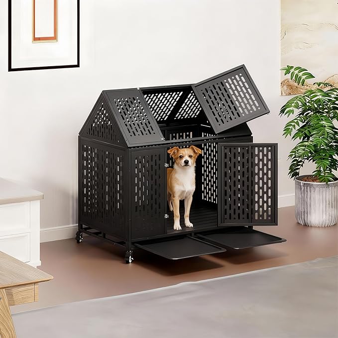 44 inch Indestructible Heavy Duty Dog Crate, Escape-Proof Indoor Impact Dog Cage for Large Medium Dogs, High Anxiety Pet Kennel with 2 Trays, 4 Wheels, 4 Locks and Double Door, XL