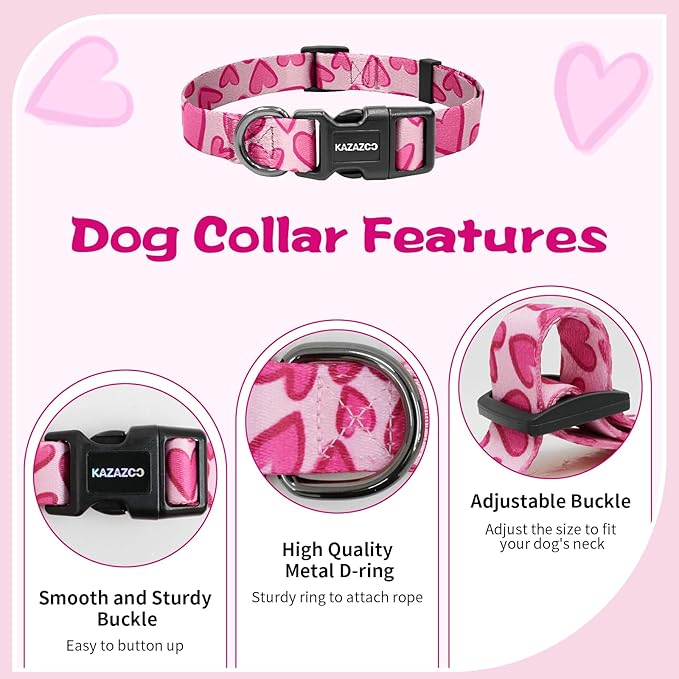 Kazazoo Dog Collar Cute and Soft Nylon Puppy Collar Girl, Adjustable Dog Collars for Small Medium Dogs, Hot Pink Heart-M