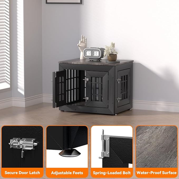 26" Heavy Duty Dog Crate Furniture for Small,Medium and Large Dogs,Rustic Wooden Dog Cage Kennel Indoor Furniture with Waterproof Top,Decorative Pet House Side End Table (Black & Grey)