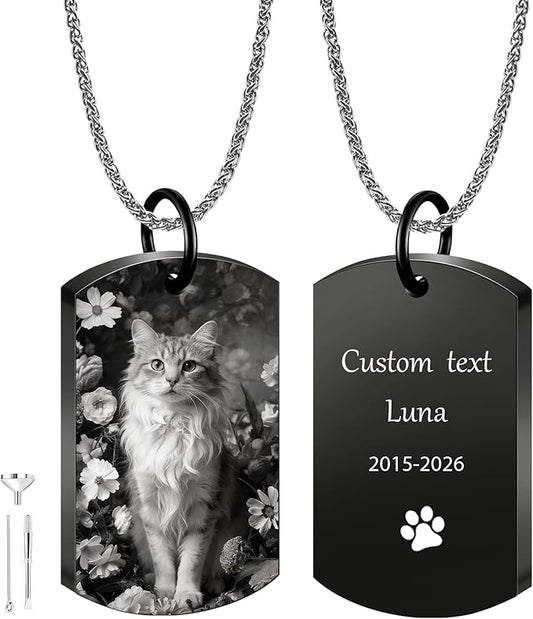 QYH Personalized Dog Ashes Necklace – Custom Pet Ashes Necklace with Photo Text, Keepsake for Dog Loss (Black-JG)