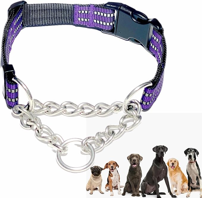 Martingale Collars for Dogs, Heavy Duty Stainless Steel Chain Training Collar, Reflective Nylon Adjustable Collar with Quick Release Buckle, Suitable for Puppy Medium Large Dogs((Purple,L)