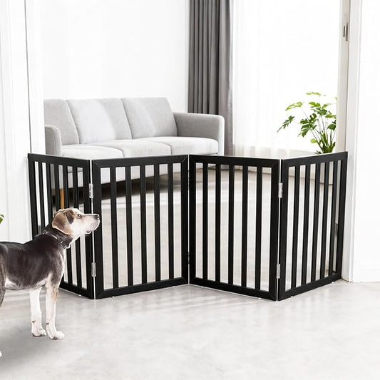 ZJSF Freestanding Indoor Dog Gate for House Foldable Wood Black Puppy Gate for Doorways Pet Gate for Stairs Extra Wide Pet Fence 24" Height 4 Panels