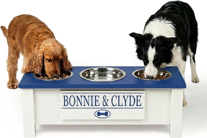 GTW Elevated 3 Bowl Dog Feeding Station - Customized Triple Stand for Medium Size Dog Breeds - Includes Storage & Stainless Steel Bowls (Medium, Blue)