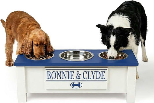 GTW Elevated 3 Bowl Dog Feeding Station - Customized Triple Stand for Medium Size Dog Breeds - Includes Storage & Stainless Steel Bowls (Medium, Blue)