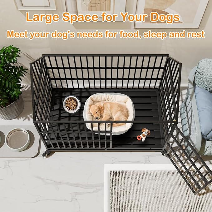 50 Inch Heavy Duty Indestructible Dog Crate with 2 Bowls, Escape-Proof Indoor Double Door High Anxiety Cage, Steel Chew-Proof Kennel with 4 Wheels and 2 Trays for Large Giant Dogs, XL/XXL