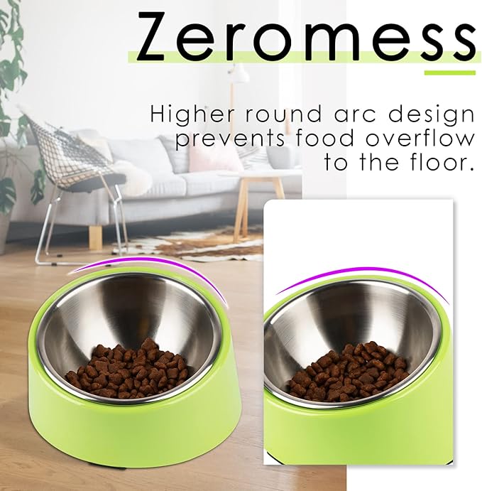 SuperDesign Mess Free 15° Slanted Bowl for Dogs and Cats, Tilted Angle Bulldog Bowl Dog Feeder, Non-Skid & Non-Spill, Easier to Reach Food L/2 Cup Green