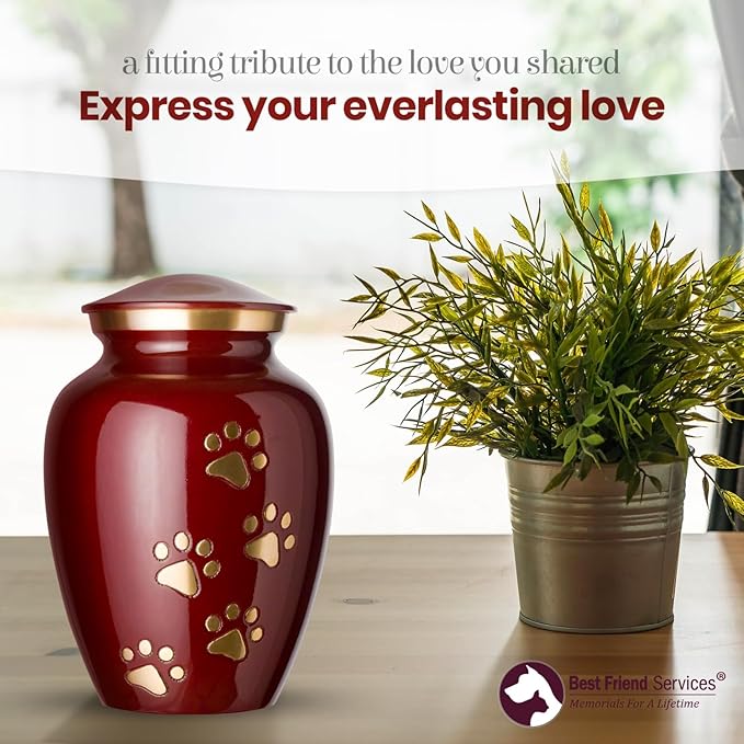 Ottillie Paws Legacy Series Pet Urn for Dogs, Handmade Brass Memorial Cremation Urn (X-Large - Pets up to 170 lbs, Crimson, Brass Vertical Paws)