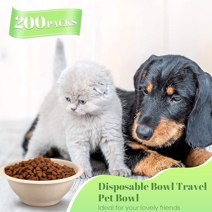 Thenshop 200 Pcs Biodegradable Disposable Pet Bowls Bulk Travel Paper Food Bowls for Small Dogs Puppy Cat Food Dish Safe Container for Outdoor Small Animal Feeding and Watering Supplies(8 oz)