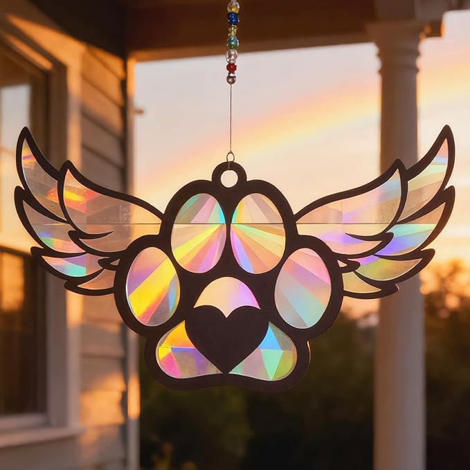 Dog Loss Sympathy Gift with Card, Memorial Gifts for Loss of Dog, Angel Pet Memorial Suncatcher, Rainbow Bridge for Loss - Winged Paw Shape