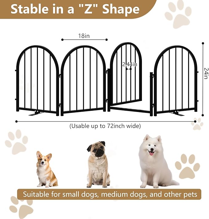Full Metal Dog Gate with Door for Indoor Outdoor, 24" Tall Free Standing Pet Dog Fence, 72" Extra Wide Pet Gates for Stairs, Hallways, Doorways, Kitchen, Decks, Yards (Black, 4 Panels)