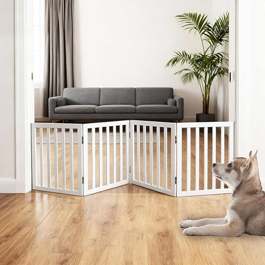 ZJSF Freestanding Indoor Dog Gate for House Foldable Wood White Puppy Gate for Doorways Pet Gate for Stairs Extra Wide Pet Fence 24" Height 4 Panels