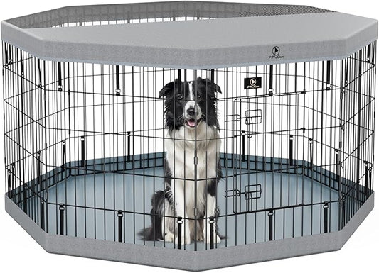 PJYuCien Dog Playpen with Top Cover and Bottom Pad - Metal Foldable Exercise Pen, 8 Panels 30" H x 24" W Indoor Outdoor Pet Fence Puppy Crate Kennel, Gray