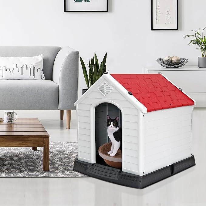 Large Plastic Dog House Indoor Outdoor Doghouse Dog Kennel Easy to Assemble Puppy Shelter with Air Vents Elevated Floor Waterproof Red