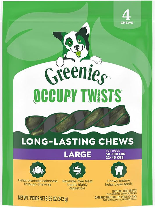 Greenies Occupy Twists Natural Dog Treats Large Breed Size Dog Chews Long Lasting Chicken Flavor, 8.55 oz. Pack, 4 Count