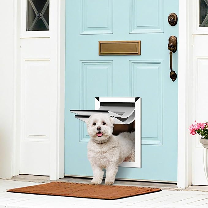 HARDLIGHT Aluminum Frame Doggie Door - Up to 30 LBS, Double Soft Flaps with Magnetic Closure, Adjustable Telescoping Tunnel Doggy Door with 2 Sliding Panels, Easy Install, Snow White, Medium