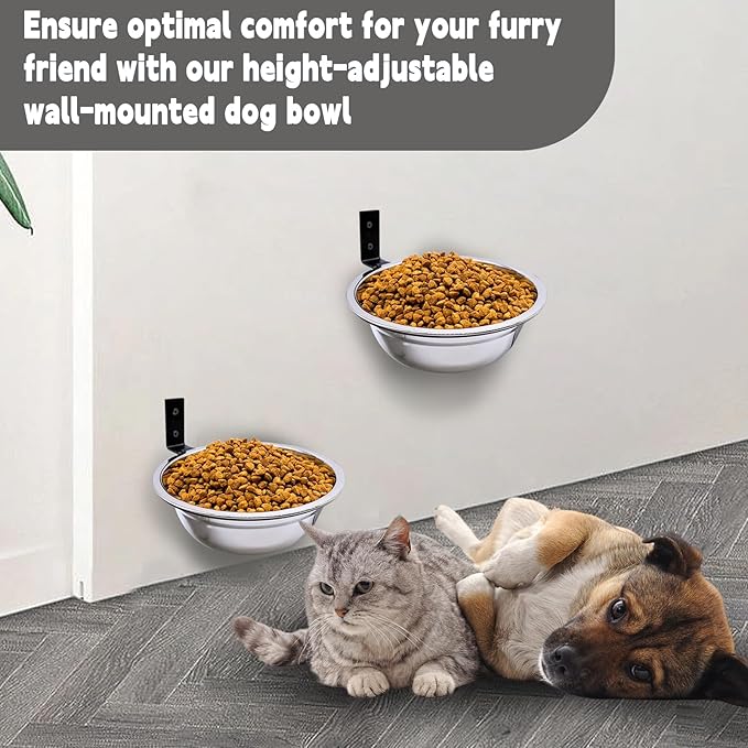 Wall Mounted Dog Bowls-2 * 46 Oz, 304 Stainless-Steel Raised Adjustable Height Dog Food and Water Bowls, Elevated Pet Comfort Feeding Bowl for Medium Large Dogs Cats