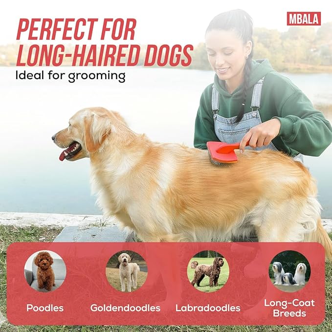 Mbala Curved Slicker Brush for Dogs – Professional Dog Brush for Shedding & Grooming, 30% More Pins, Ideal for Goldendoodles, Poodles & Long-Haired Dogs, Detangling & Deshedding, Large Coral