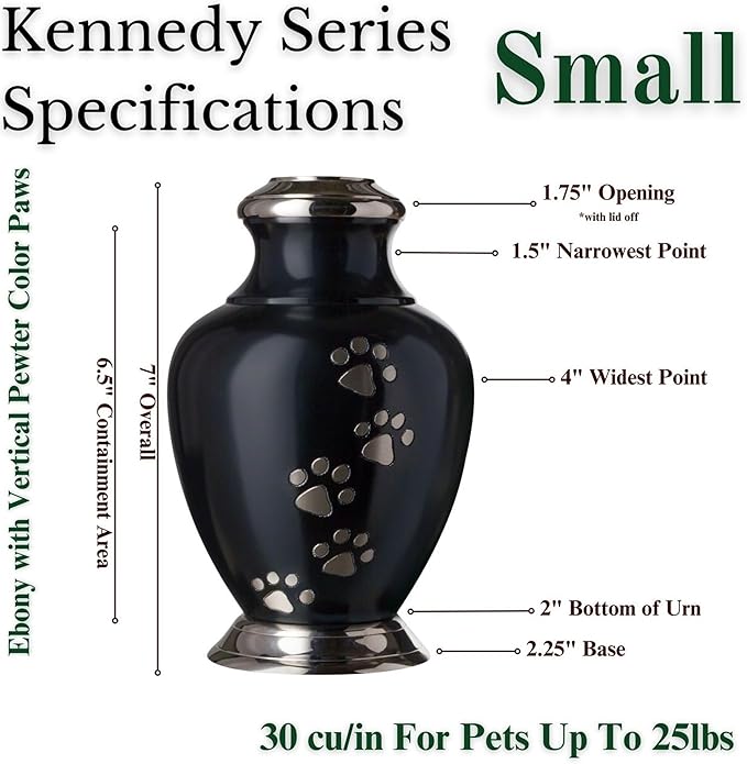 Kennedy Paws Series Pet Urn for Dogs and Cats, Handmade Aluminum Memorial Cremation Urn (Small - Pets up to 25 lbs, Ebony)